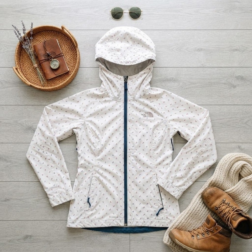 The North Face HyVent Rain Jacket Womens XS White Floral Hooded Full Zip Shell